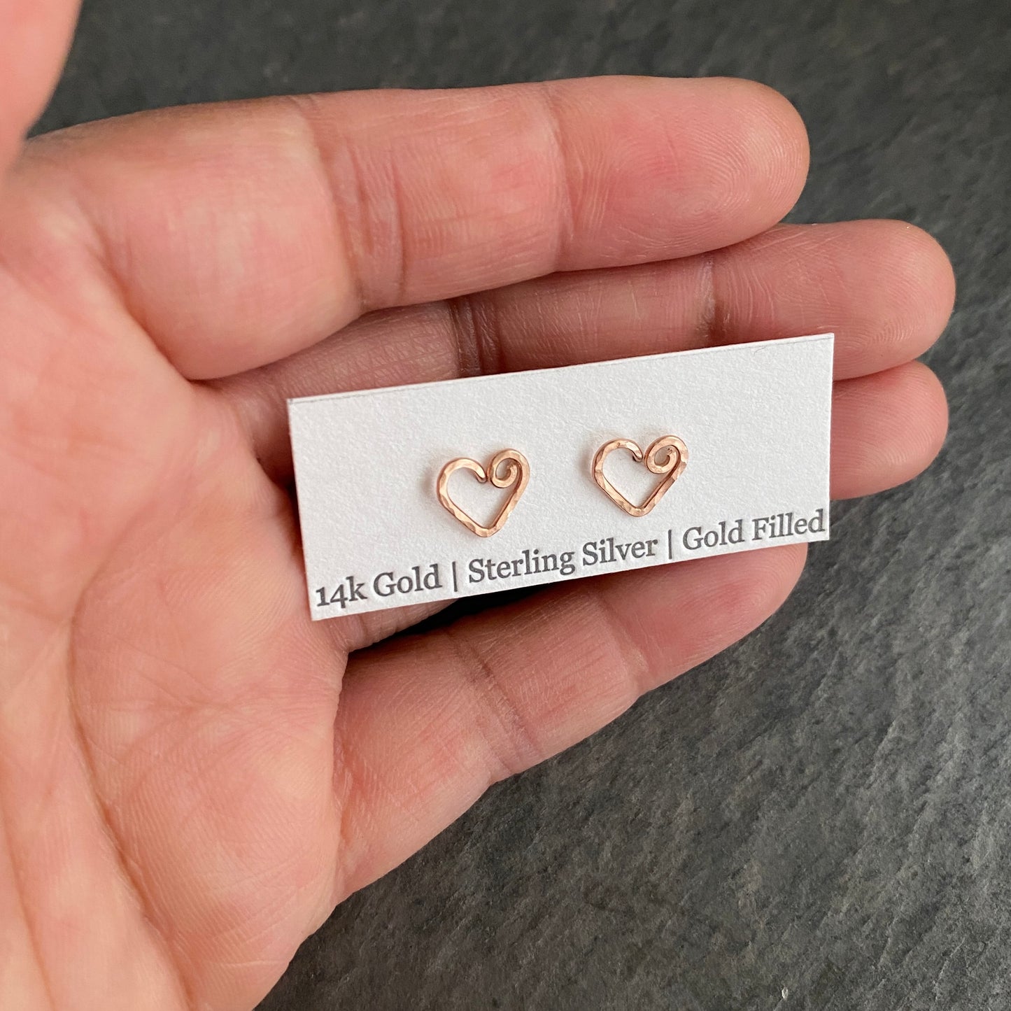 Rose Gold Heart Stud Earrings. Hand Hammered Heart Studs. 14k Rose Gold Filled Heart Post Earrings. Small Girl Valentines Day Studs