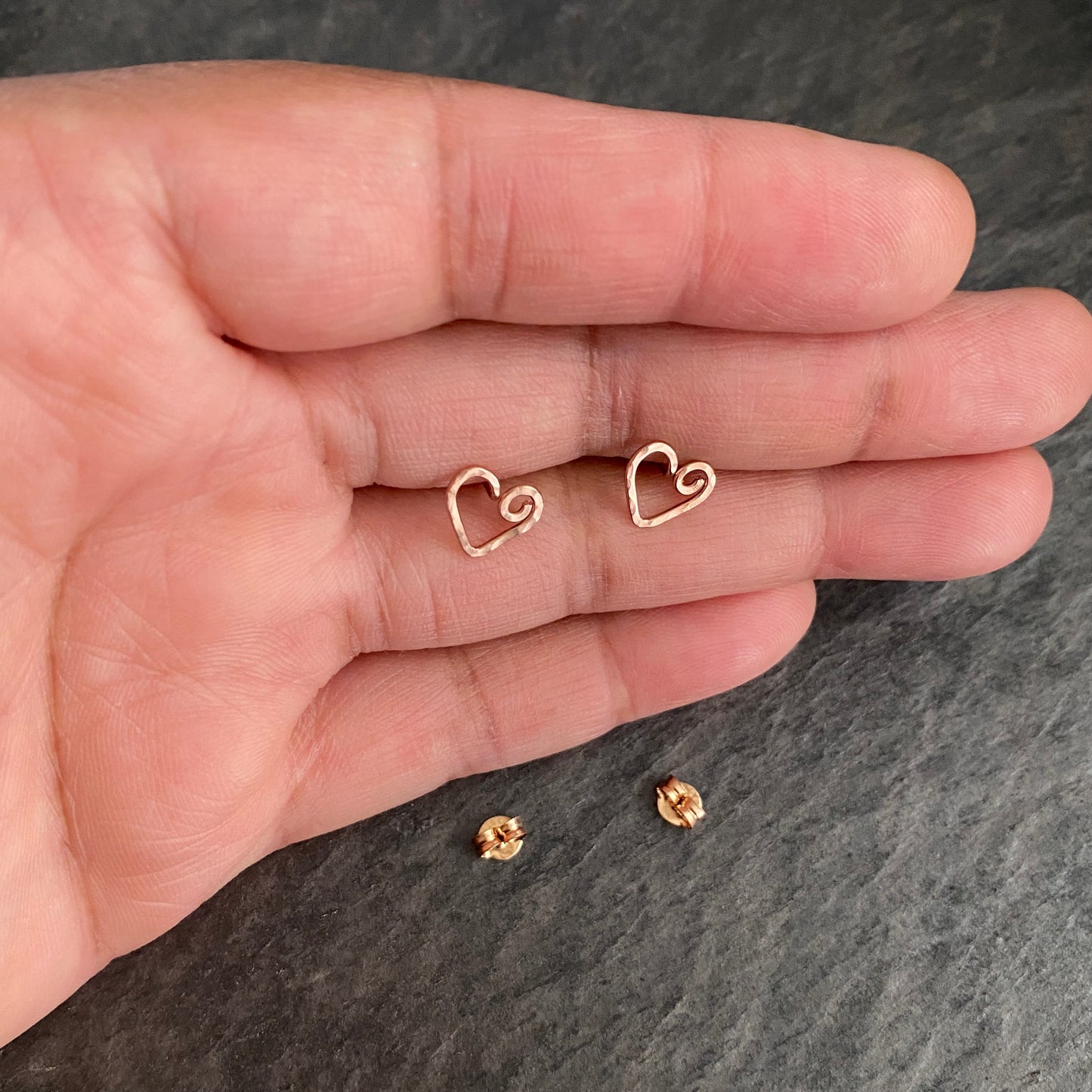 Rose Gold Heart Stud Earrings. Hand Hammered Heart Studs. 14k Rose Gold Filled Heart Post Earrings. Small Girl Valentines Day Studs
