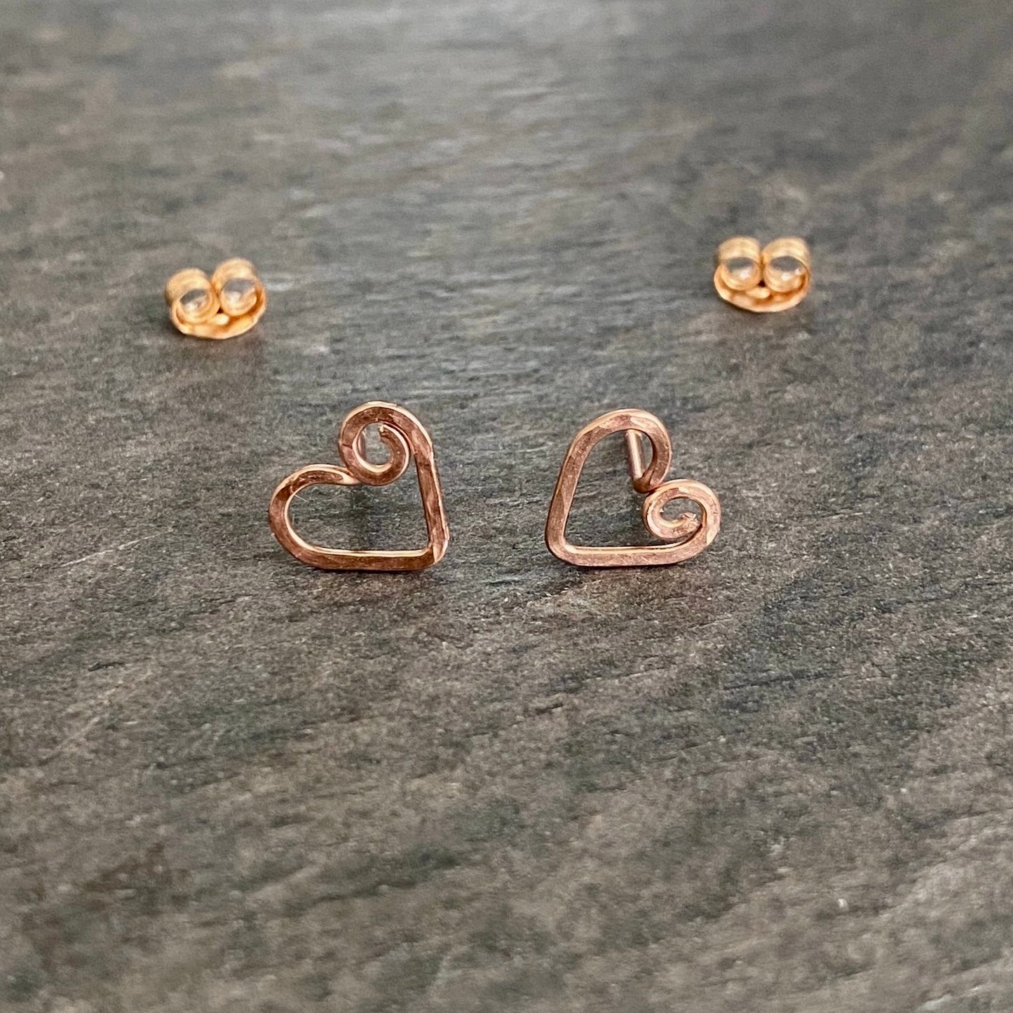 Rose Gold Heart Stud Earrings. Hand Hammered Heart Studs. 14k Rose Gold Filled Heart Post Earrings. Small Girl Valentines Day Studs