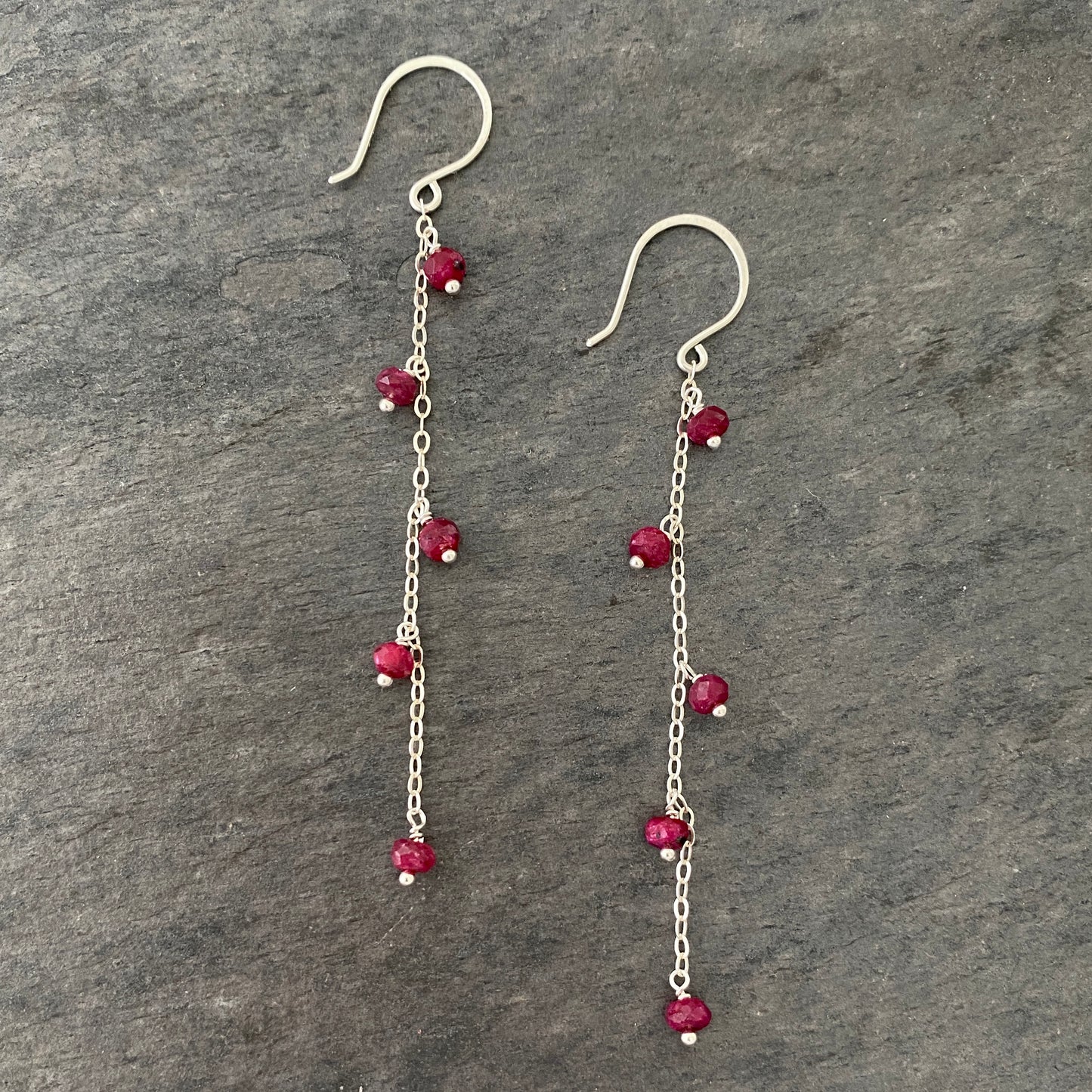 Red Ruby Chain Earrings. 14k Gold Filled Faceted Long Dangle Birthstone Gemstones.