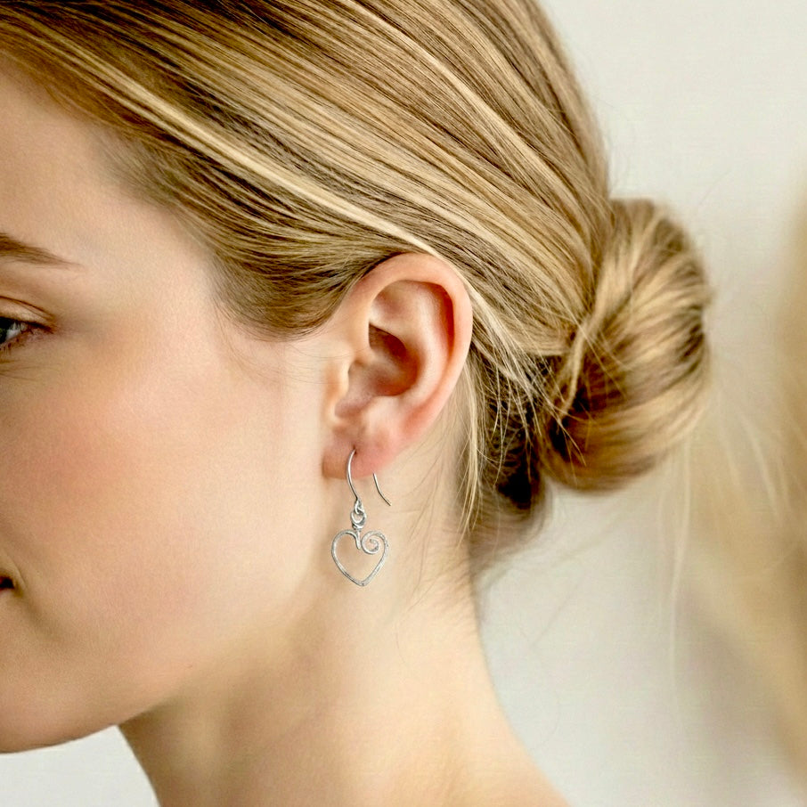 Hammered Sterling Silver Heart Dangle Earrings: Open Heart Design