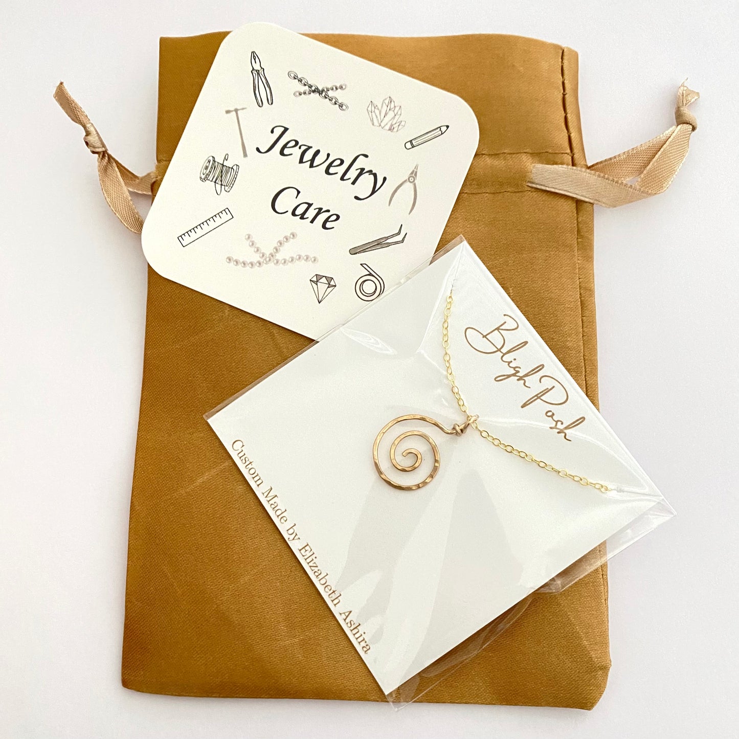 14k Gold Spiral Pendant Necklace: Hand Hammered Round Swirl.