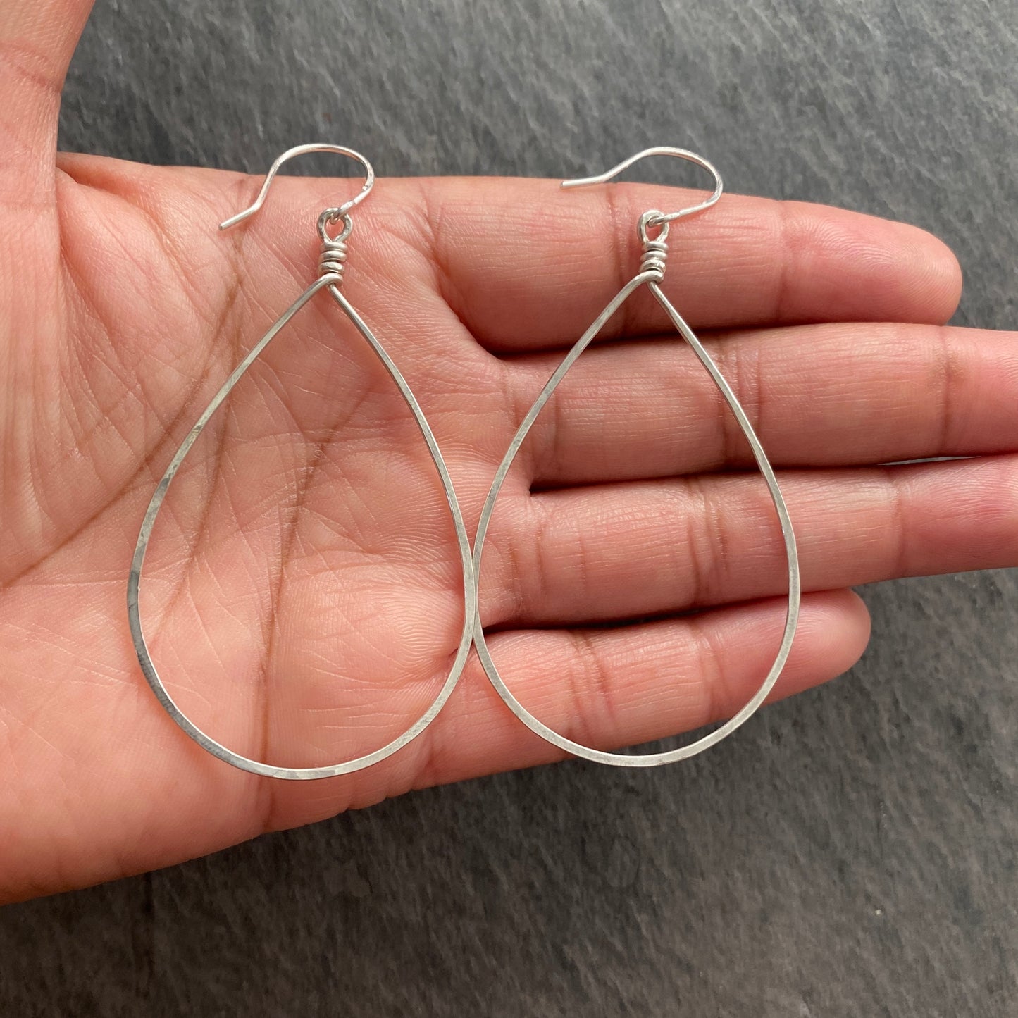 Teardrop Hoop Earrings. Large Tear drop Hammered Hoops in Silver or 14k Gold