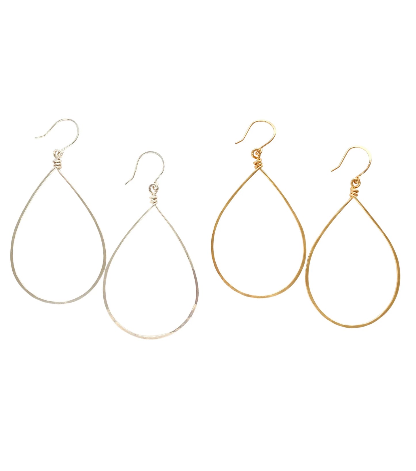Teardrop Hoop Earrings. Large Tear drop Hammered Hoops in Silver or 14k Gold