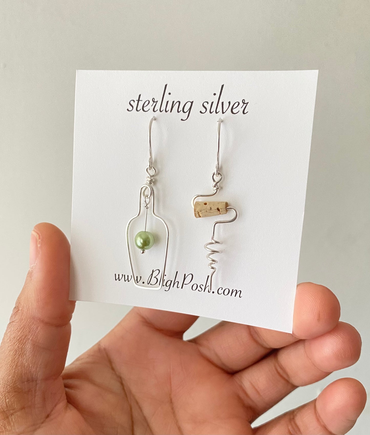 Wine Bottle Cork Screw Earrings with Green Grape. White Wine Lovers Jewelry. Silver, Gold.