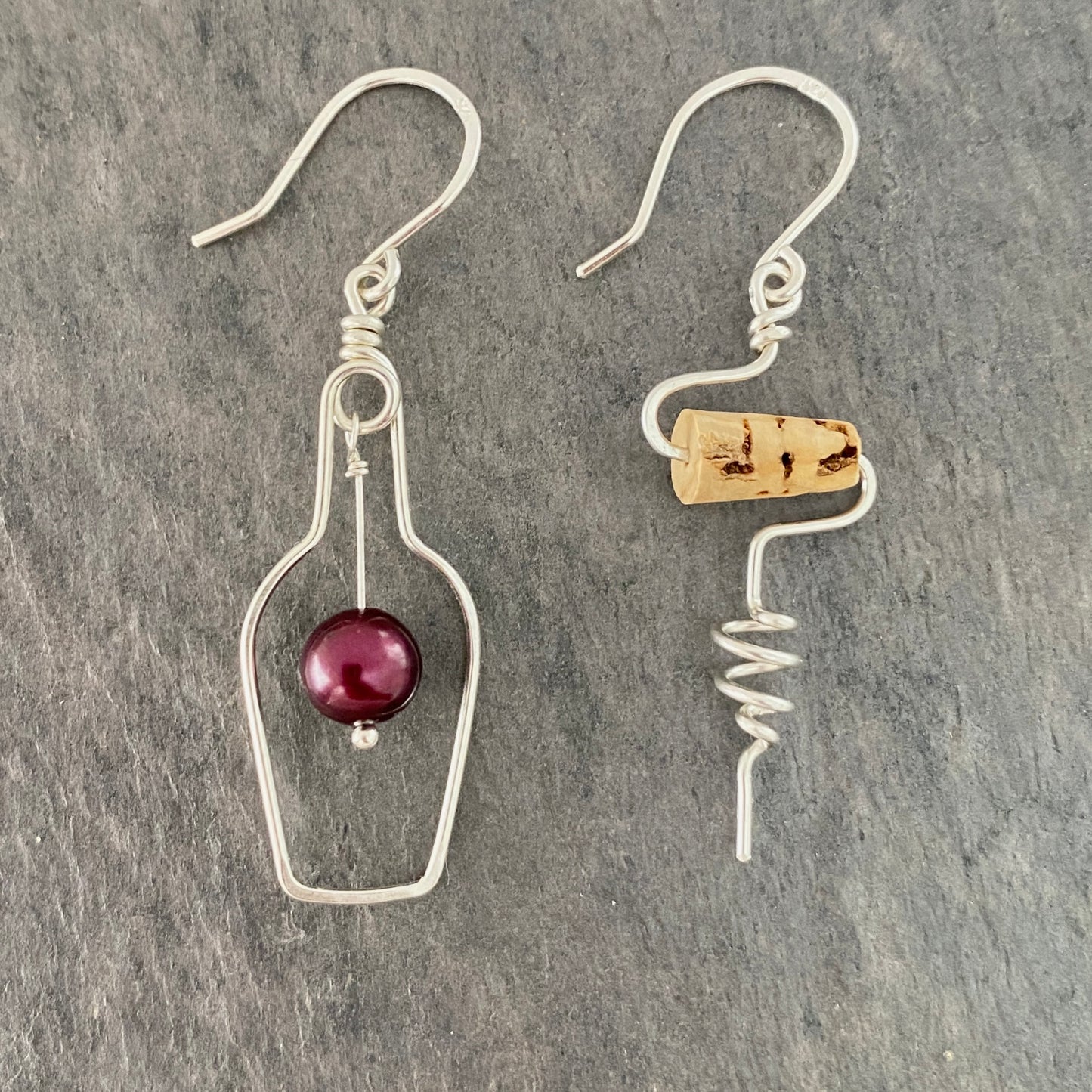 Wine Earrings. Sterling Silver Red Wine Lovers Earrings with Grape